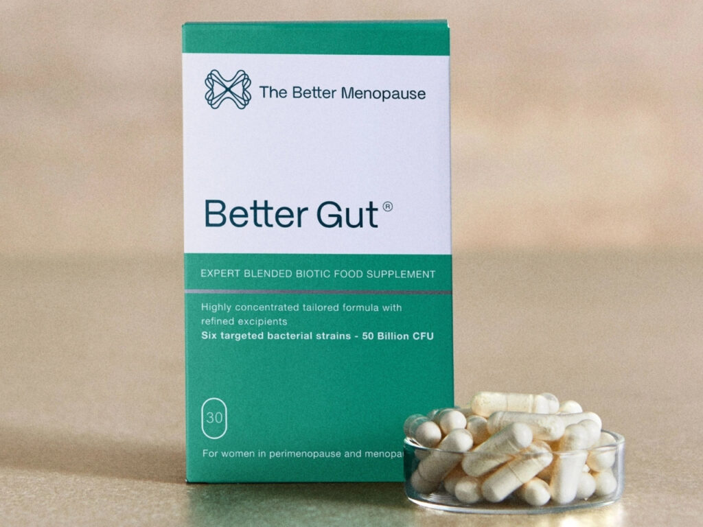 Better Gut probiotic supplement with strain-specific bacteria to support gut health, oestrogen metabolism and belly fat reduction in perimenopause.