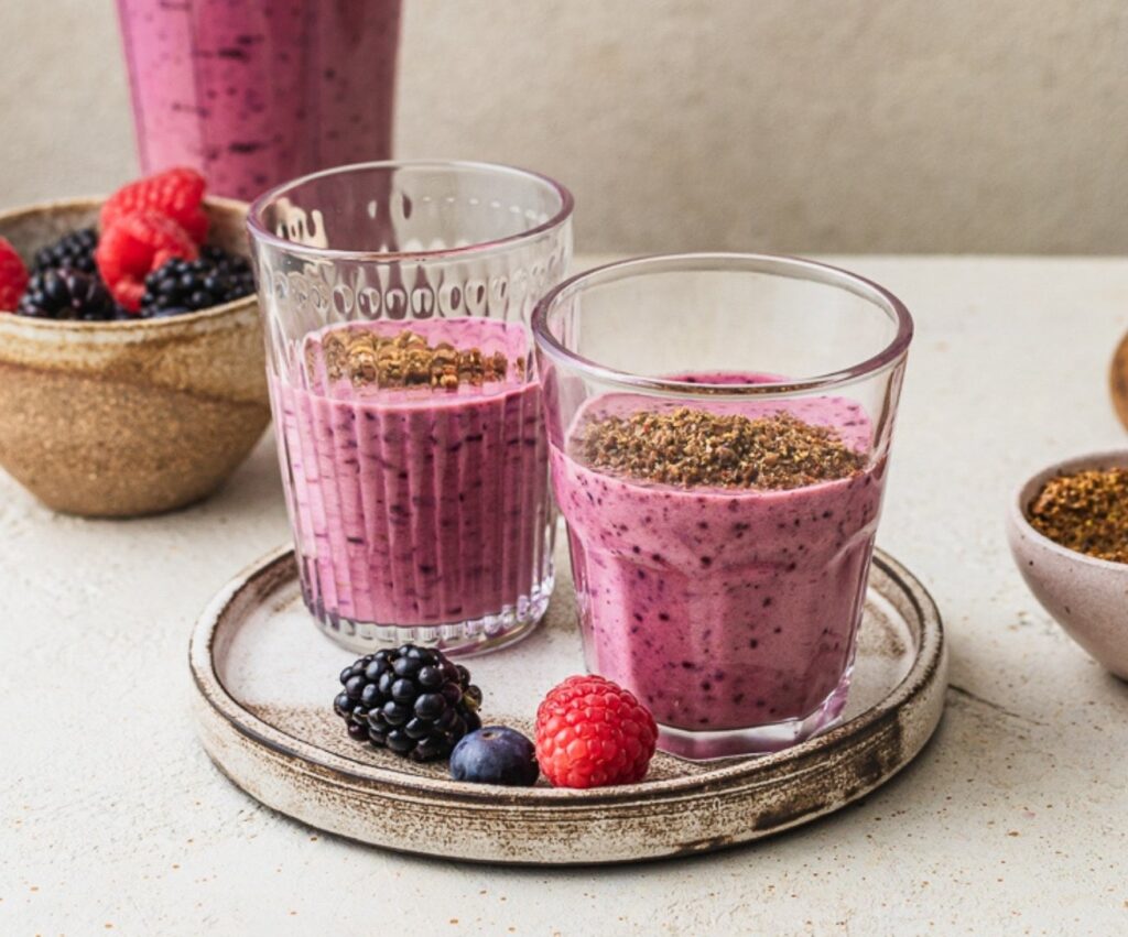 Vibrant berry glow smoothie topped with raspberries and blueberries—rich in antioxidants and perfect for midlife skin support from The Menopause Kitchen.