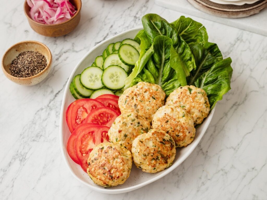 High-protein lemon and thyme chicken patties served with fresh vegetables — a nutrient-dense meal ideal for supporting weight loss and reducing belly fat in perimenopause.