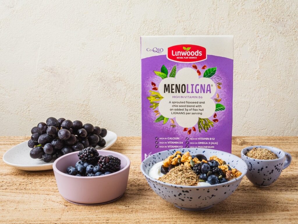 Menoligna flaxseed and chia blend with lignans ,a menopause-specific fibre supplement rich in phytoestrogens to support hormone balance, gut health and healthy weight in perimenopause